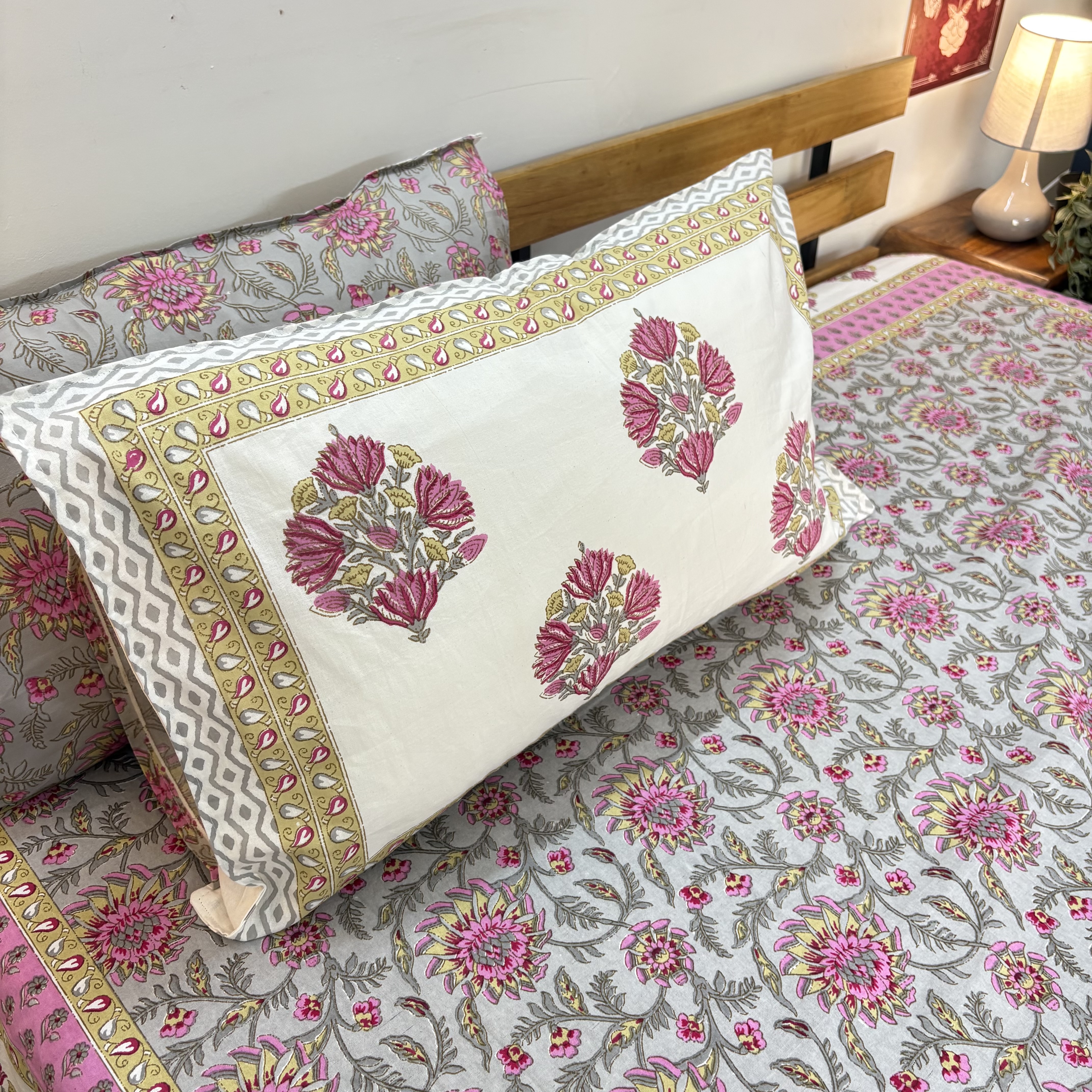 Pink Floral Block Print Bedsheet Set
