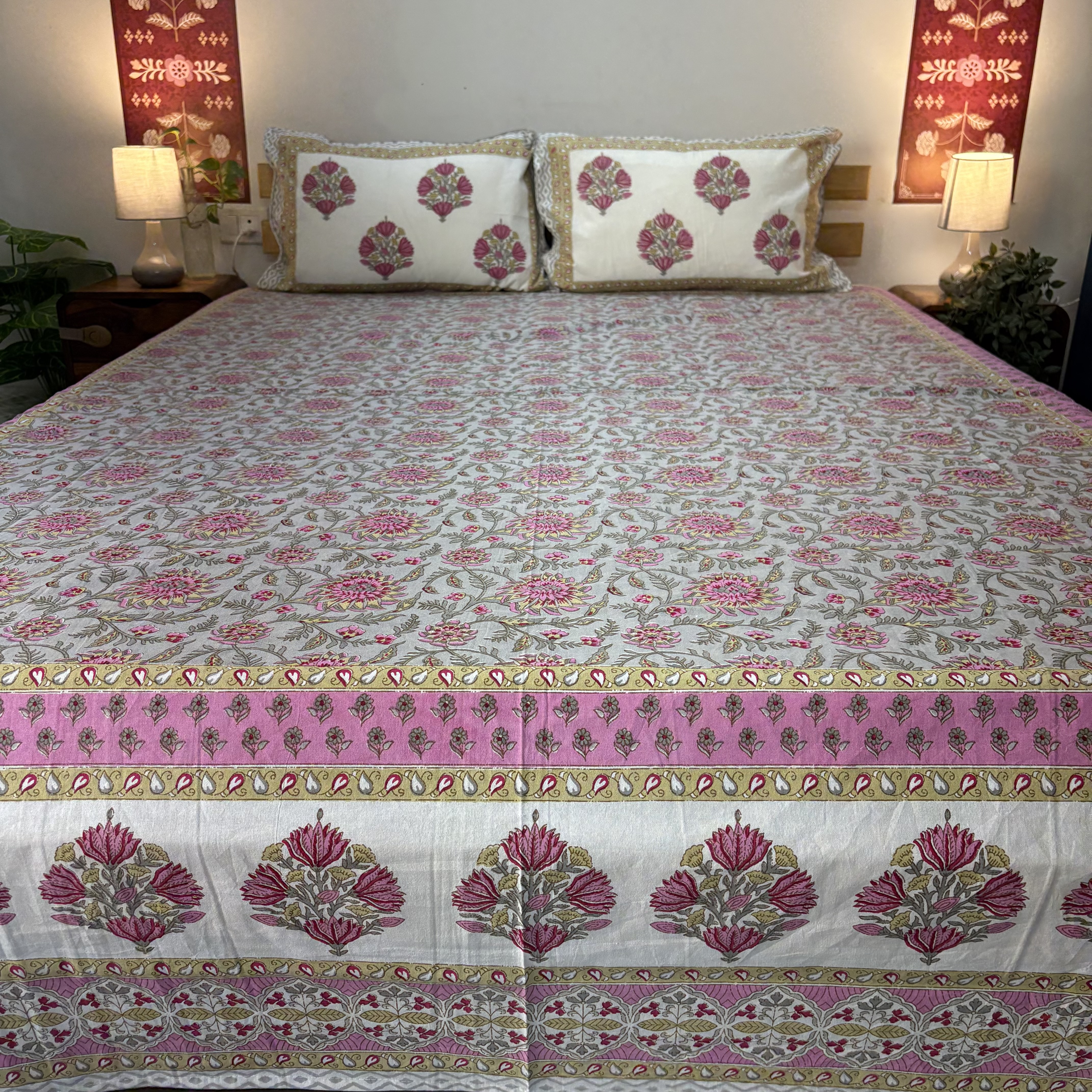 Pink Floral Block Print Bedsheet Set