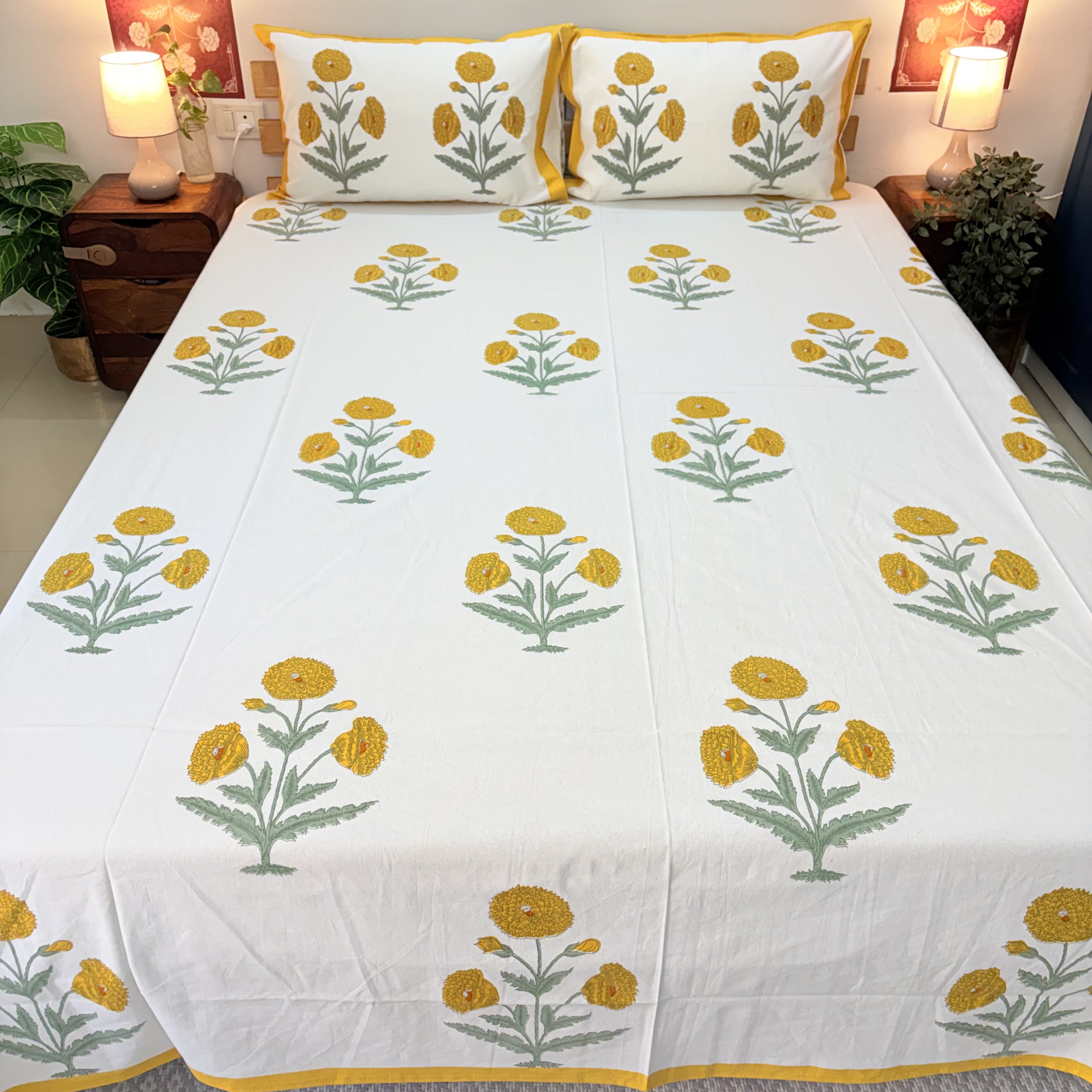 Yellow Floral Cotton Bedsheet Set