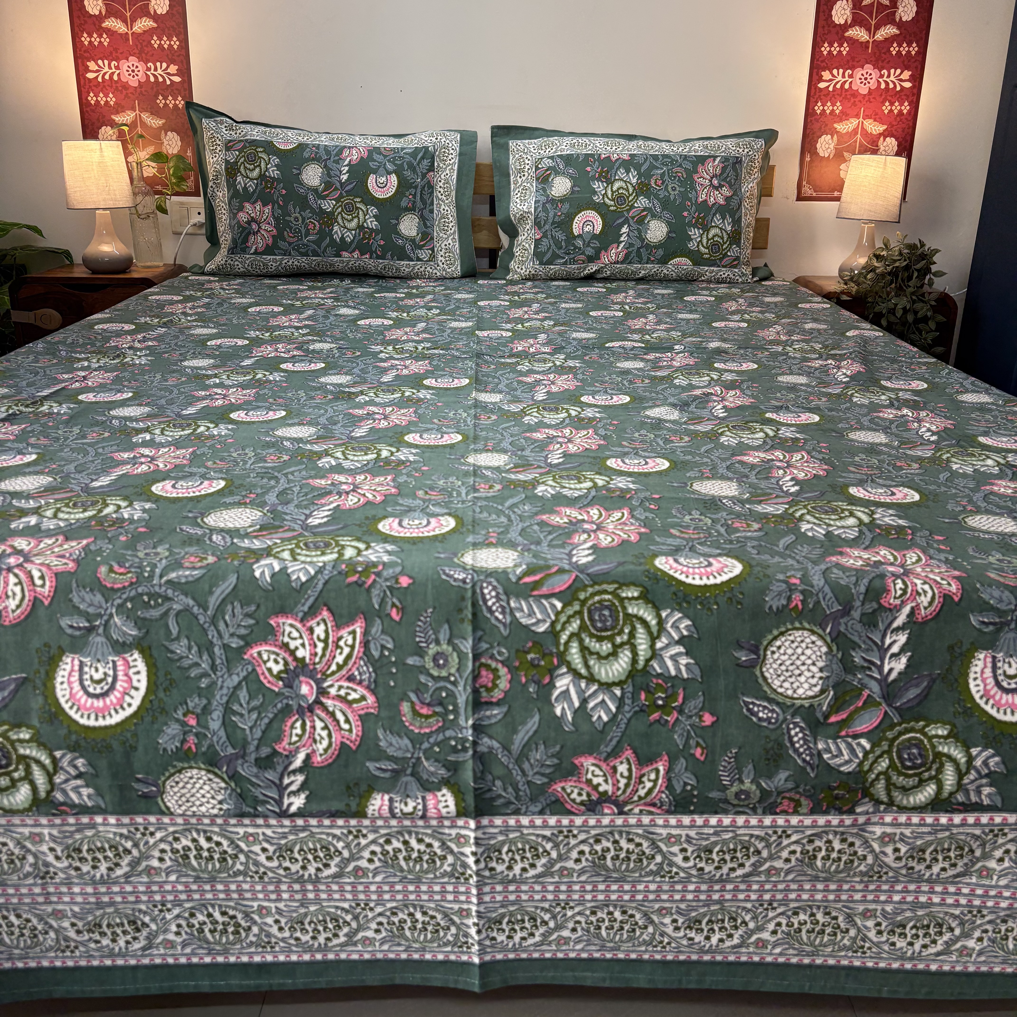Green Floral Print Double Bedsheet Set