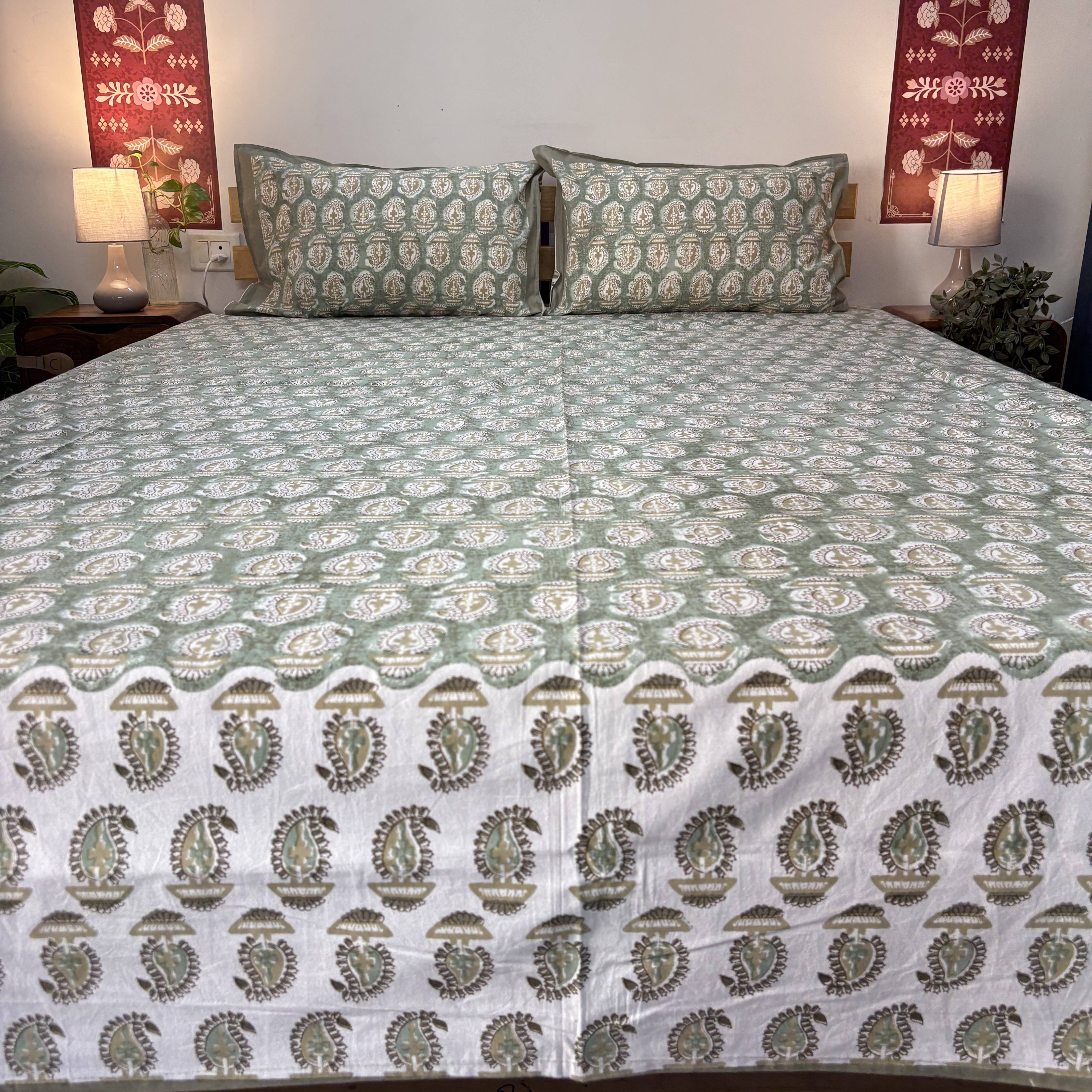 Green Printed Cotton Bed Sheet Set