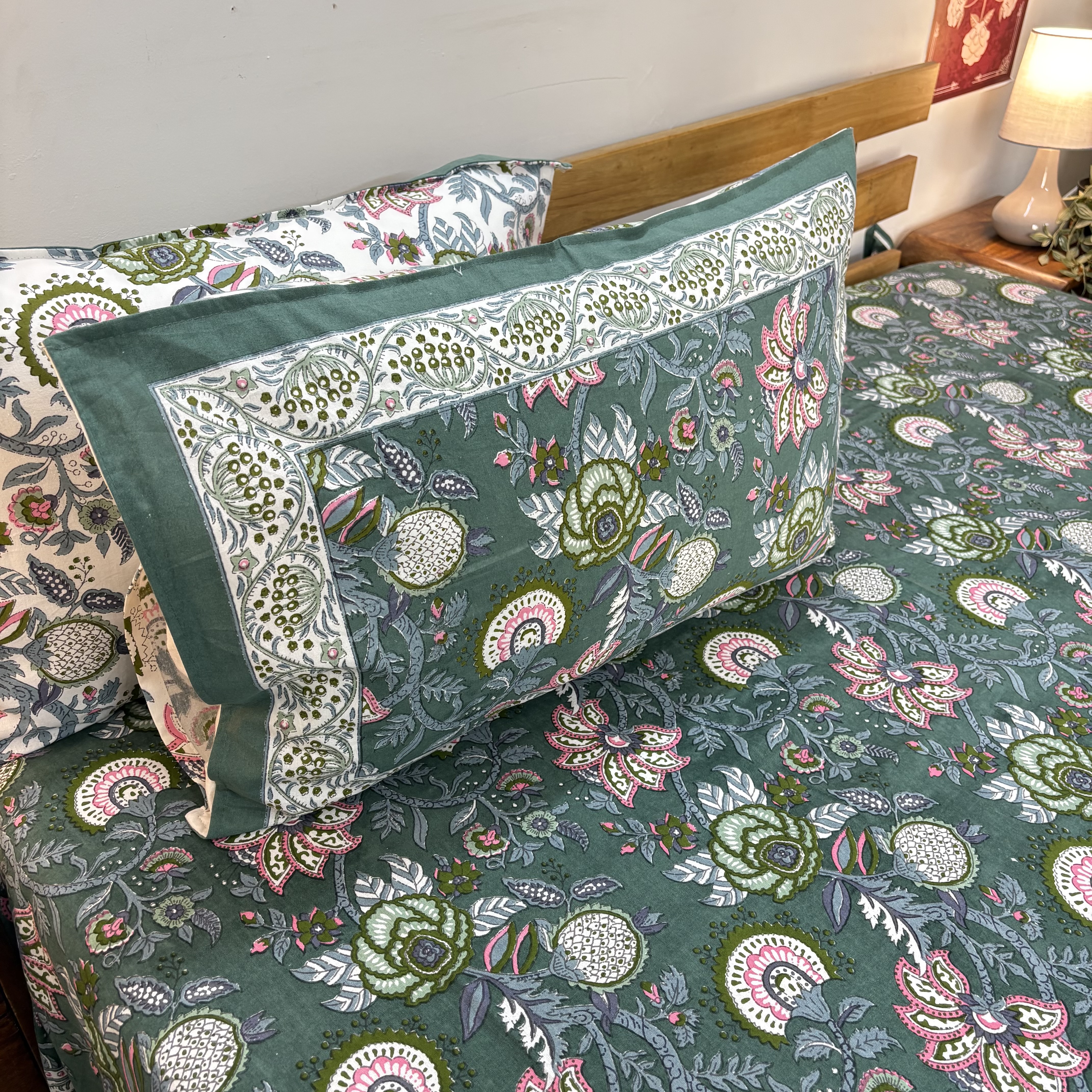 Green Floral Print Double Bedsheet Set
