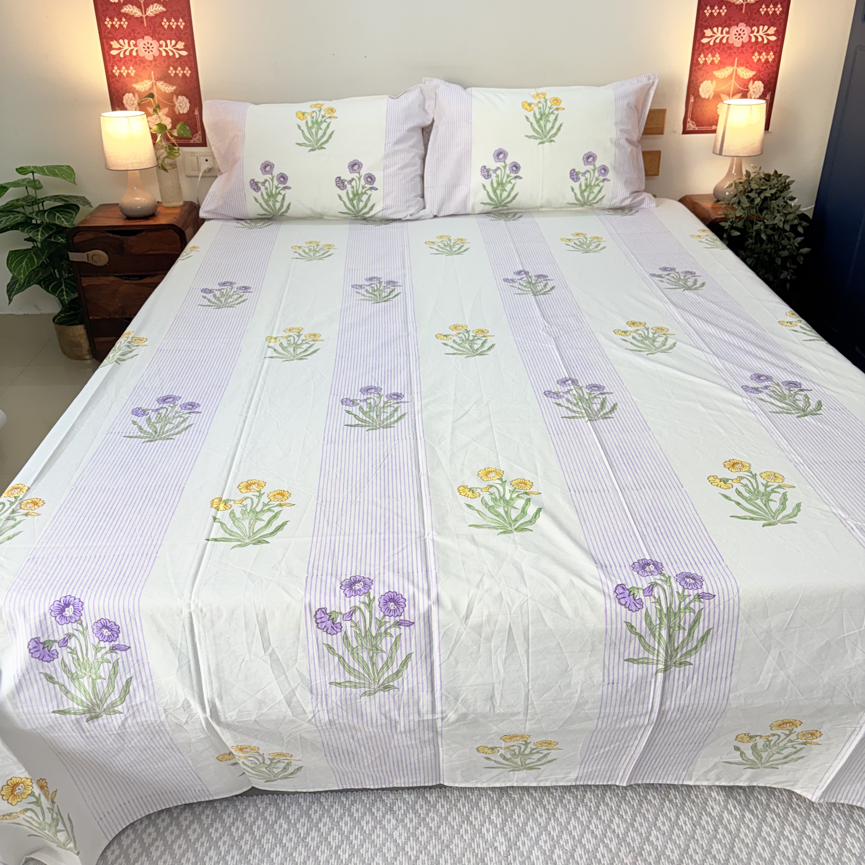 Percale Cotton Handblock Floral Bedsheet Set