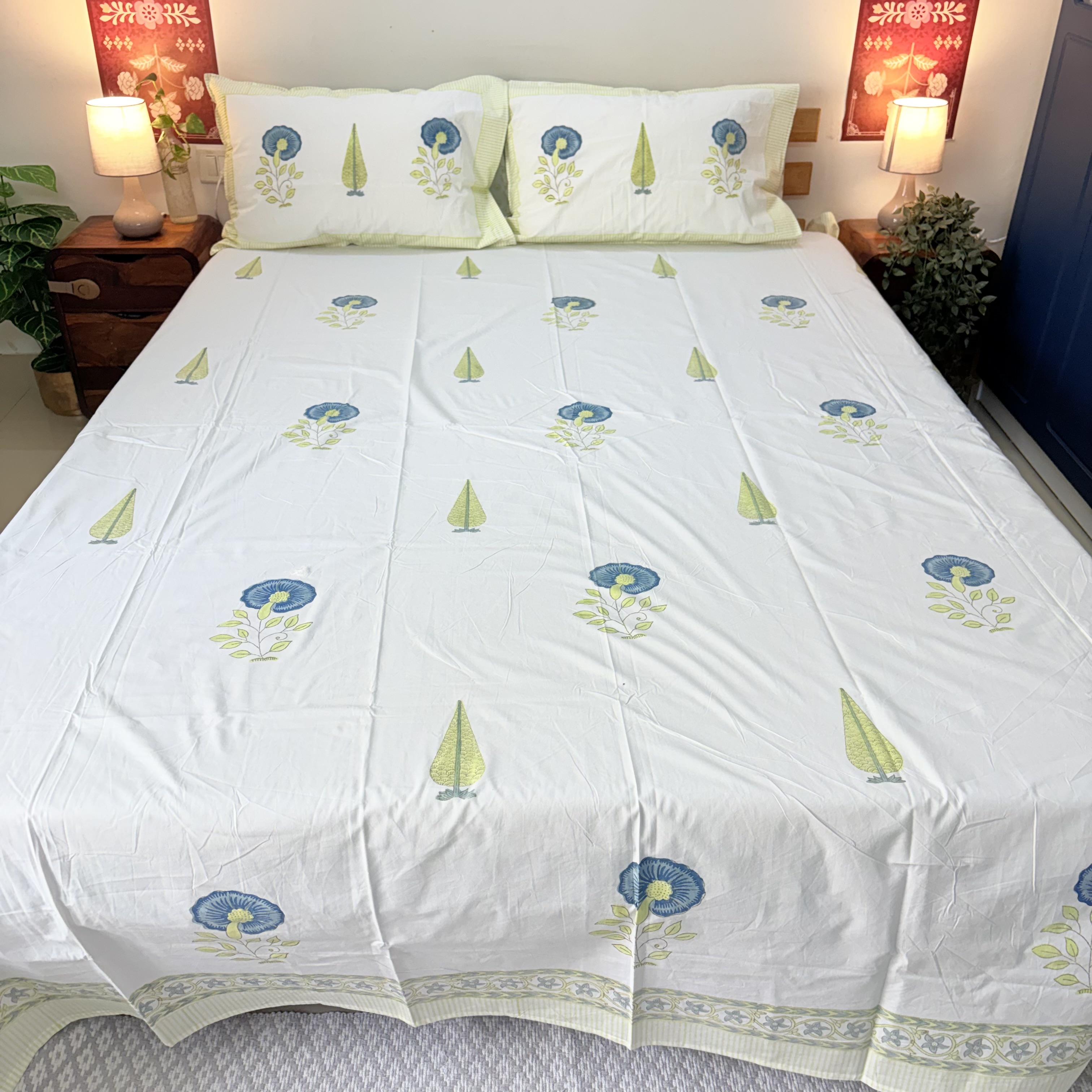 Percale Cotton Handblock Floral Bedsheet Set