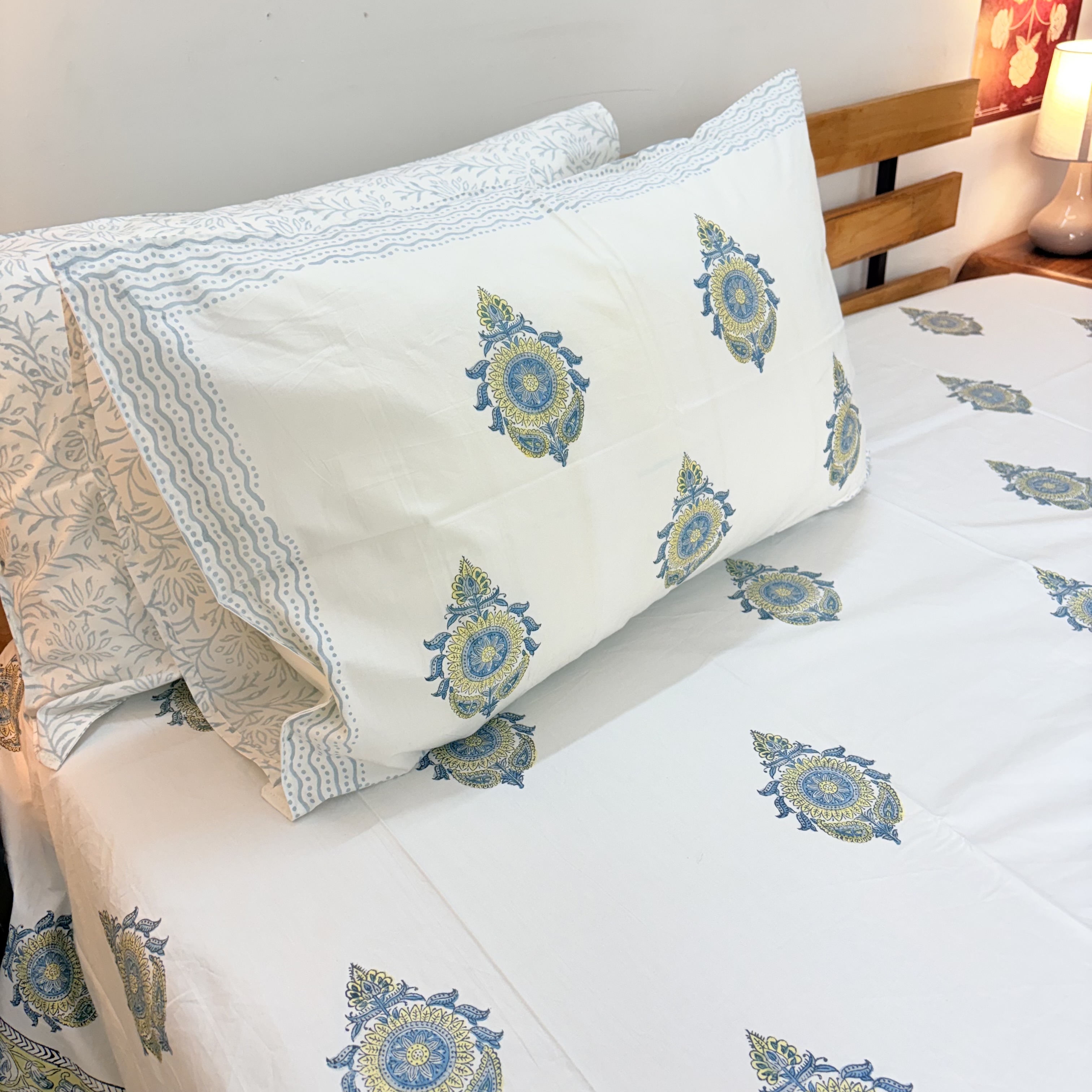 Percale Cotton Handblock Blue Bedsheet