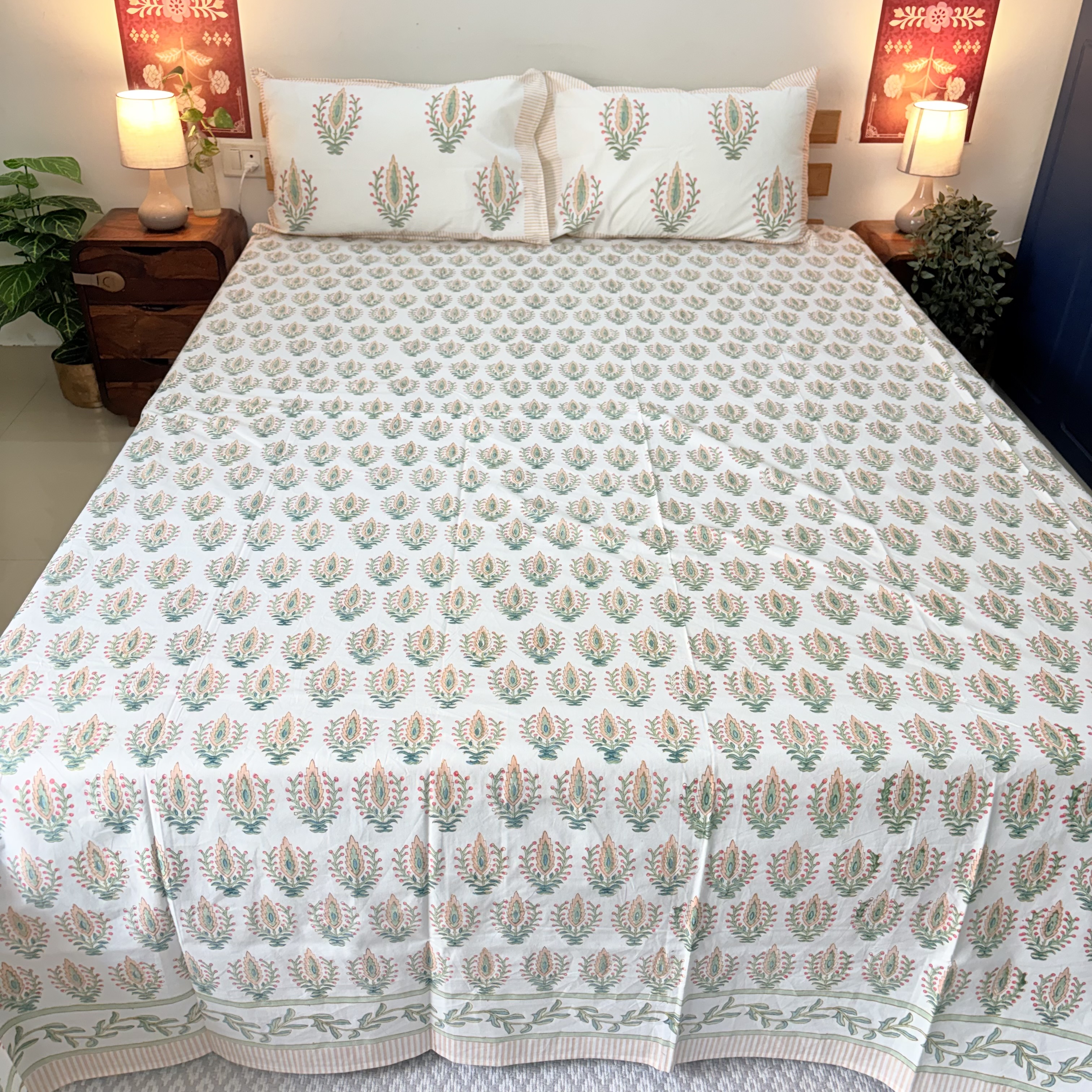 Percale Cotton Handblock Floral Print Cotton Bedsheet