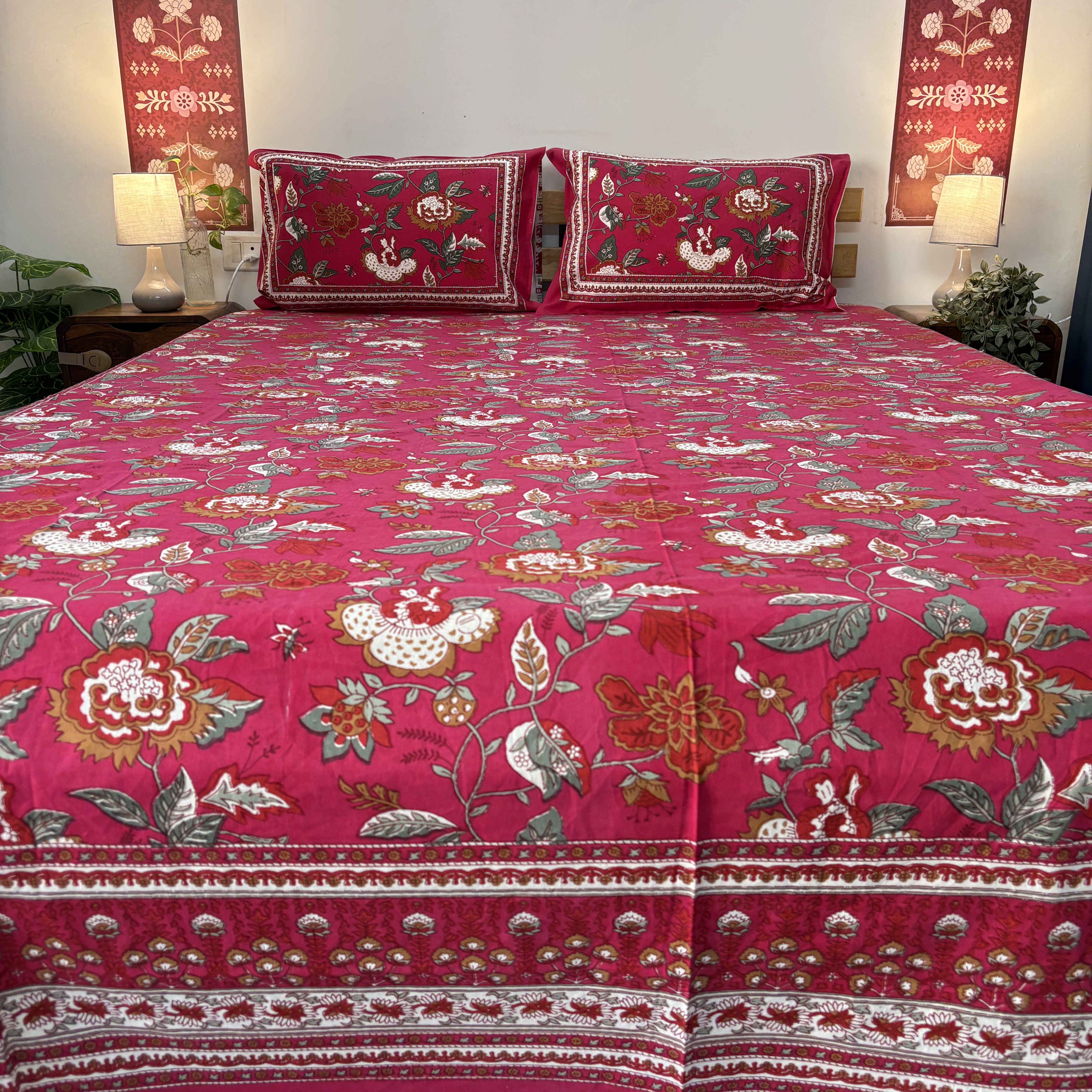 Red Floral Printed Bed Sheet Set