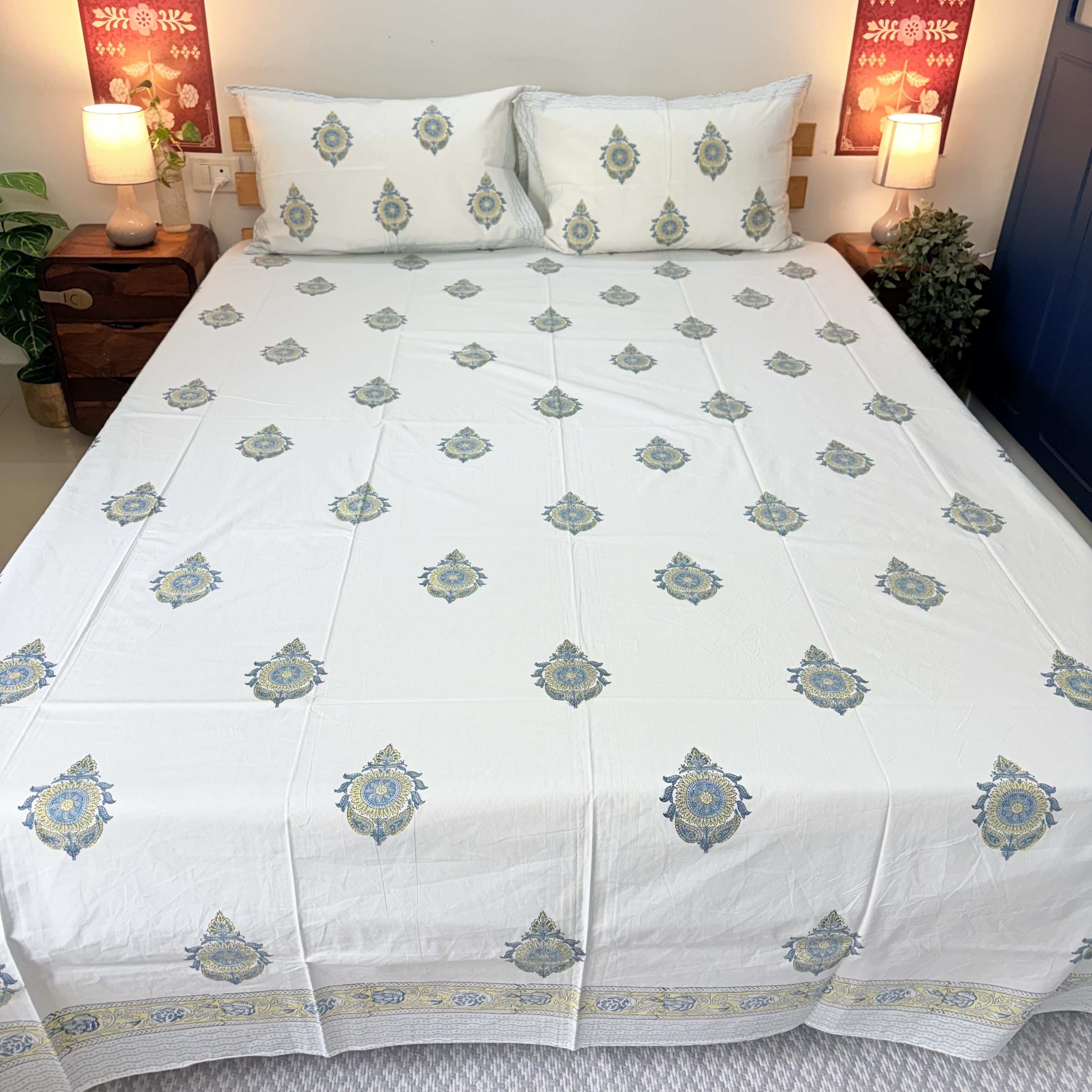 Percale Cotton Handblock Blue Bedsheet