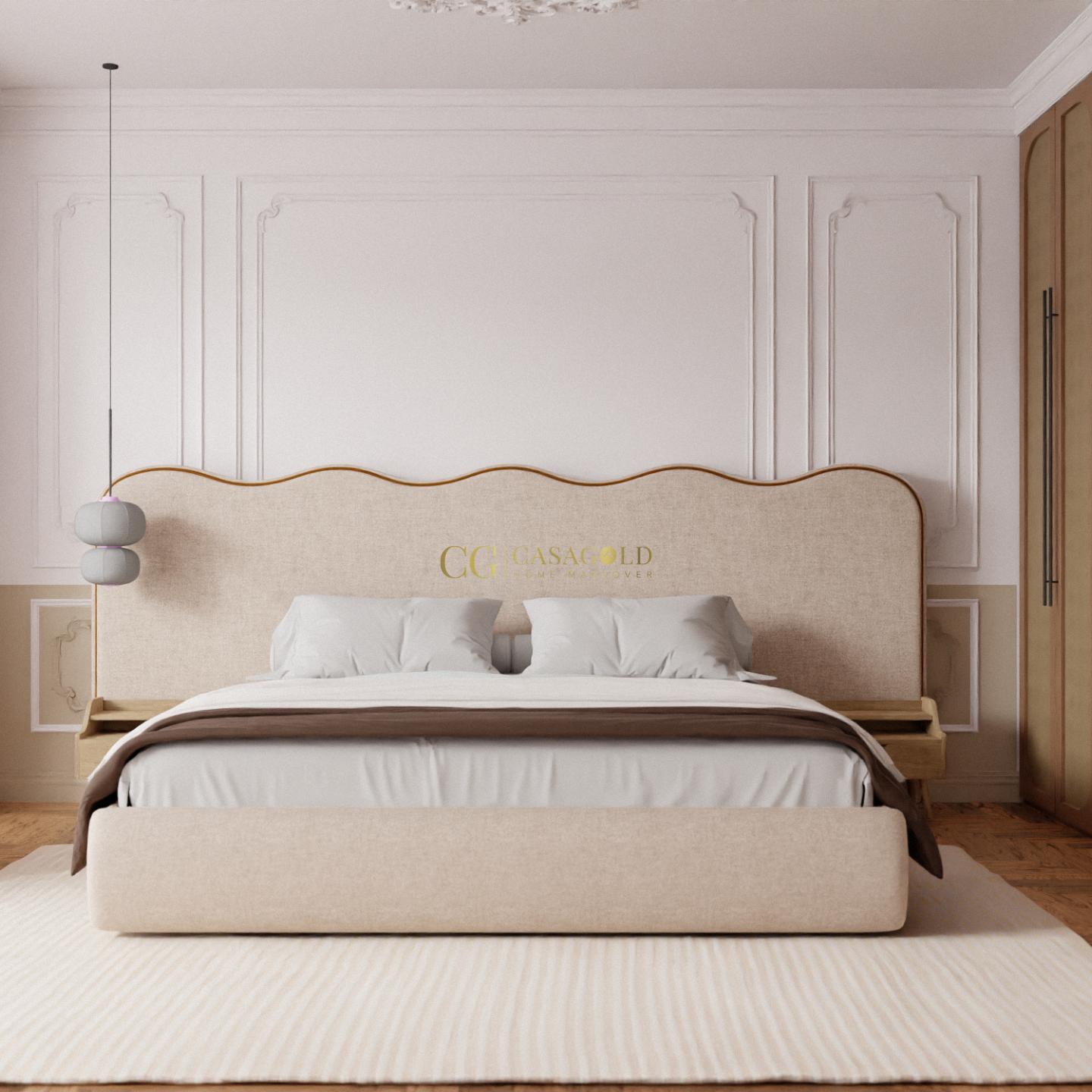 Luxury Beige king size Bed with orthopedic mattress and two side tables
