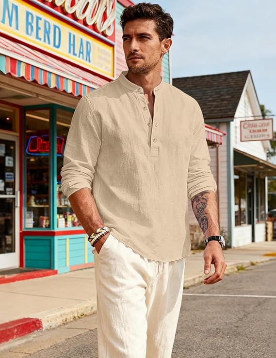 Men's Linen Shirts Henley T-Shirts Long Sleeve Casual Beach T-Shirts Solid Tops Shirts for Men