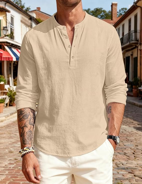 Men's Linen Shirts Henley T-Shirts Long Sleeve Casual Beach T-Shirts Solid Tops Shirts for Men