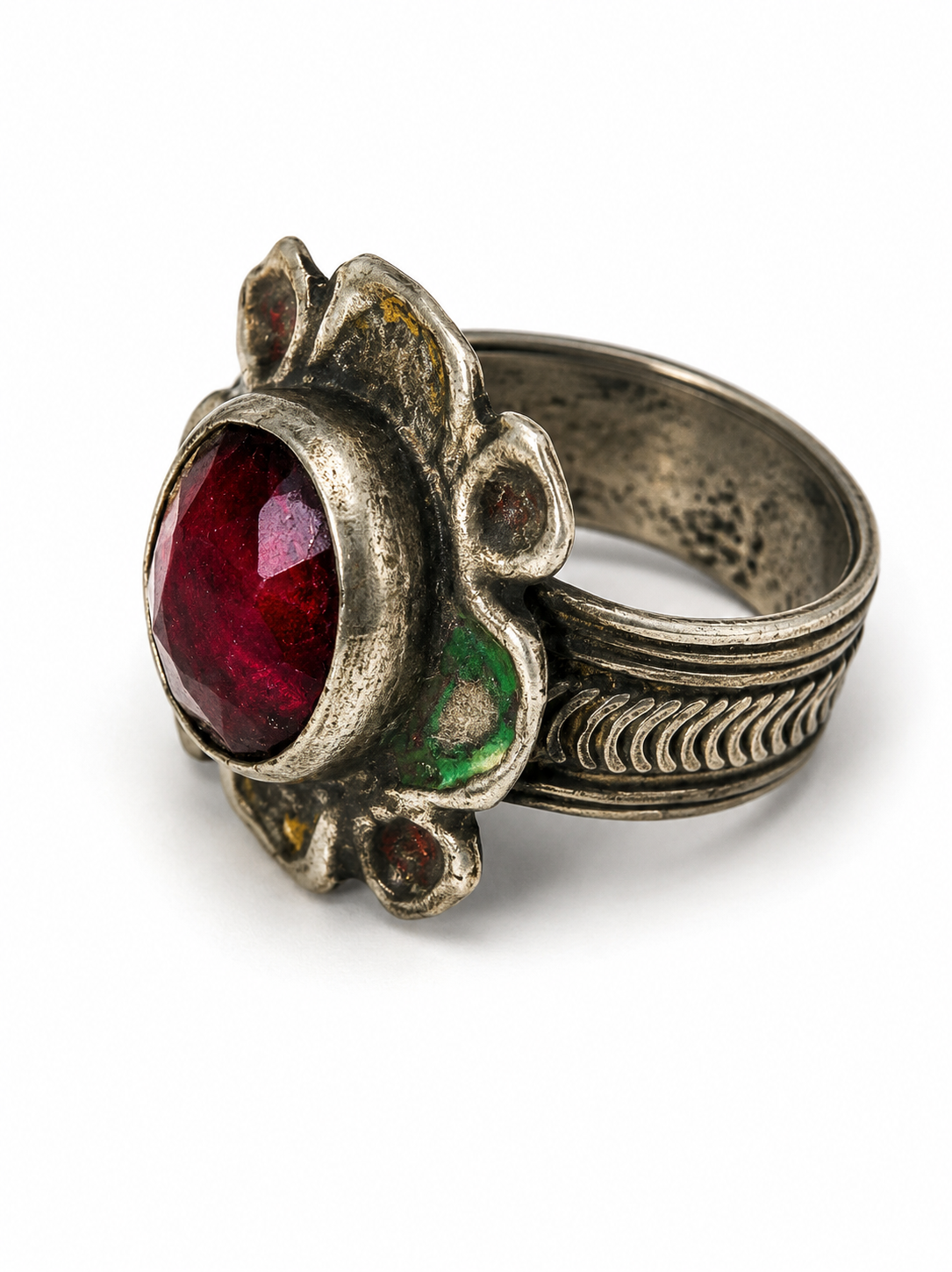 Vintage Moroccan Tribal Silver Ring w/Glass Stone Inset &  Enamel Work ~Size 9