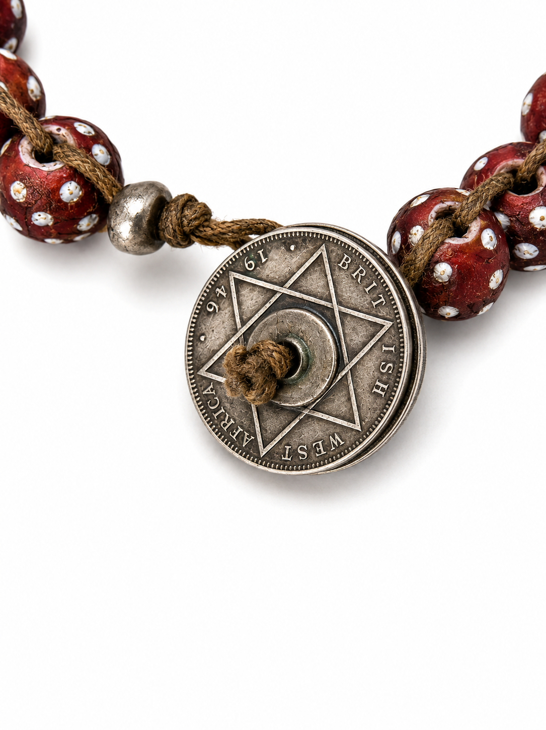 Antique Red & White Glass "Skunk" Trade Bead Bracelet w/ Old Nigerian Coin Closure. By Aklia