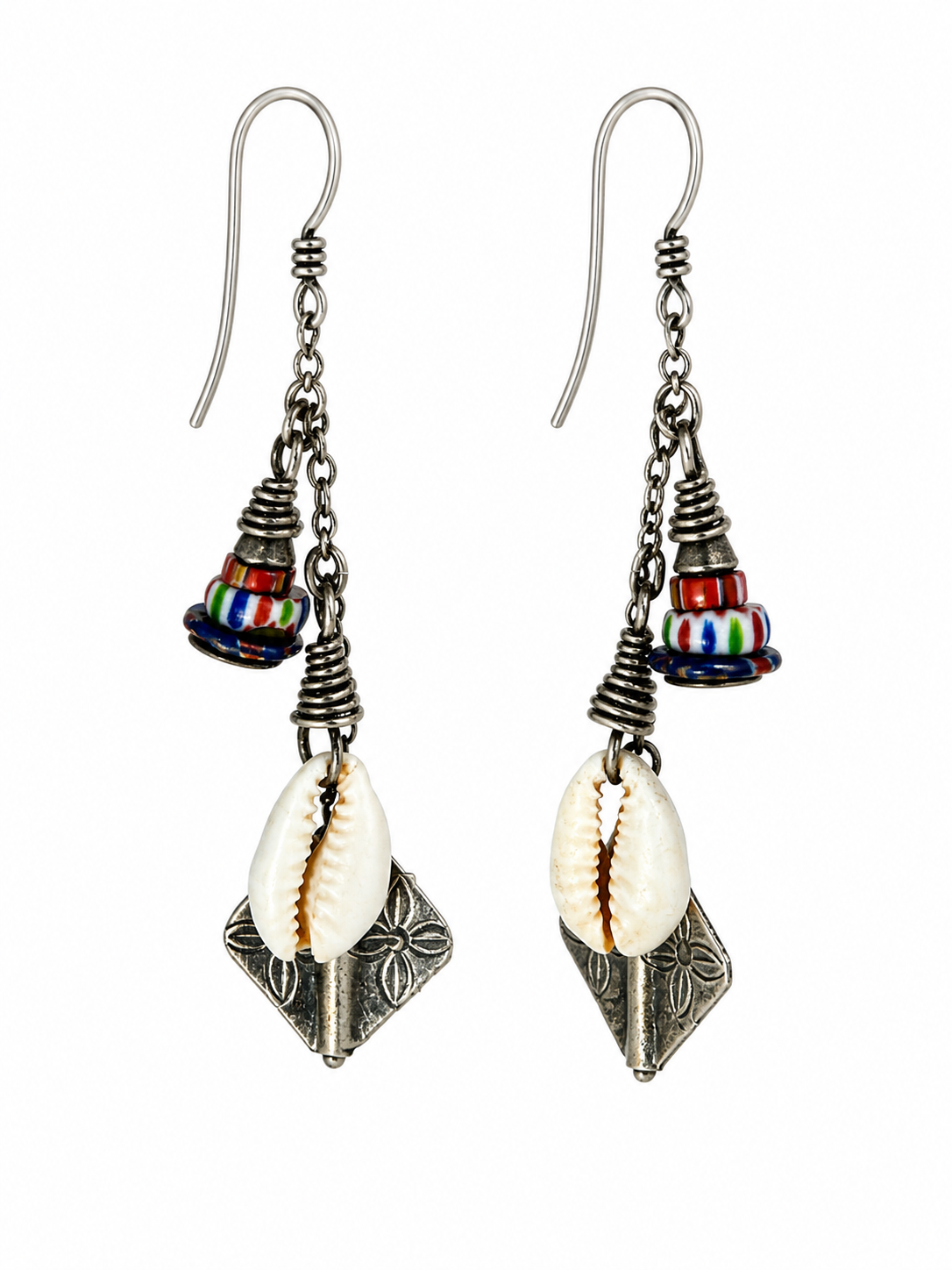 Vintage Chevron Trade Bead, Cowrie Shell Dangle Earrings