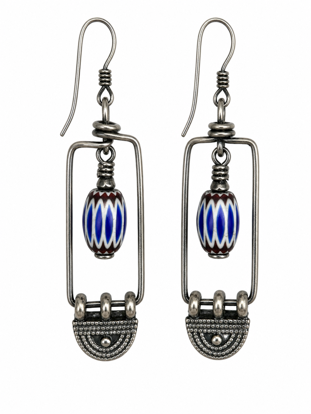 Vintage Chevron Trade Bead~Ethiopian Silver Half Moon Amulet Earrings 