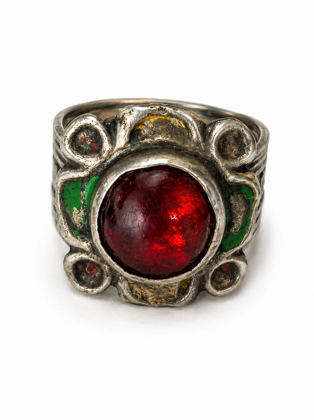 Vintage Moroccan Tribal Silver Ring w/Glass Stone Inset &  Enamel Work ~Size 9