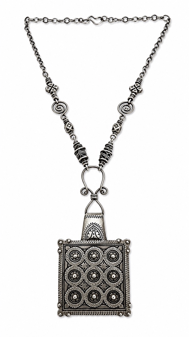Antique Silver Niello Pendant Necklace~Hand Forged Sterling Silver Wire Detail~Vintage African Glass Trade Beads