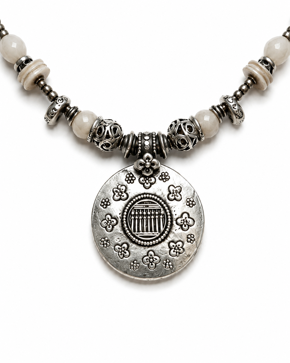 Silver Seven Sisters Pendant Necklace w/ Vintage Mother of Pearl & Thai Hilltribe Silver Beads