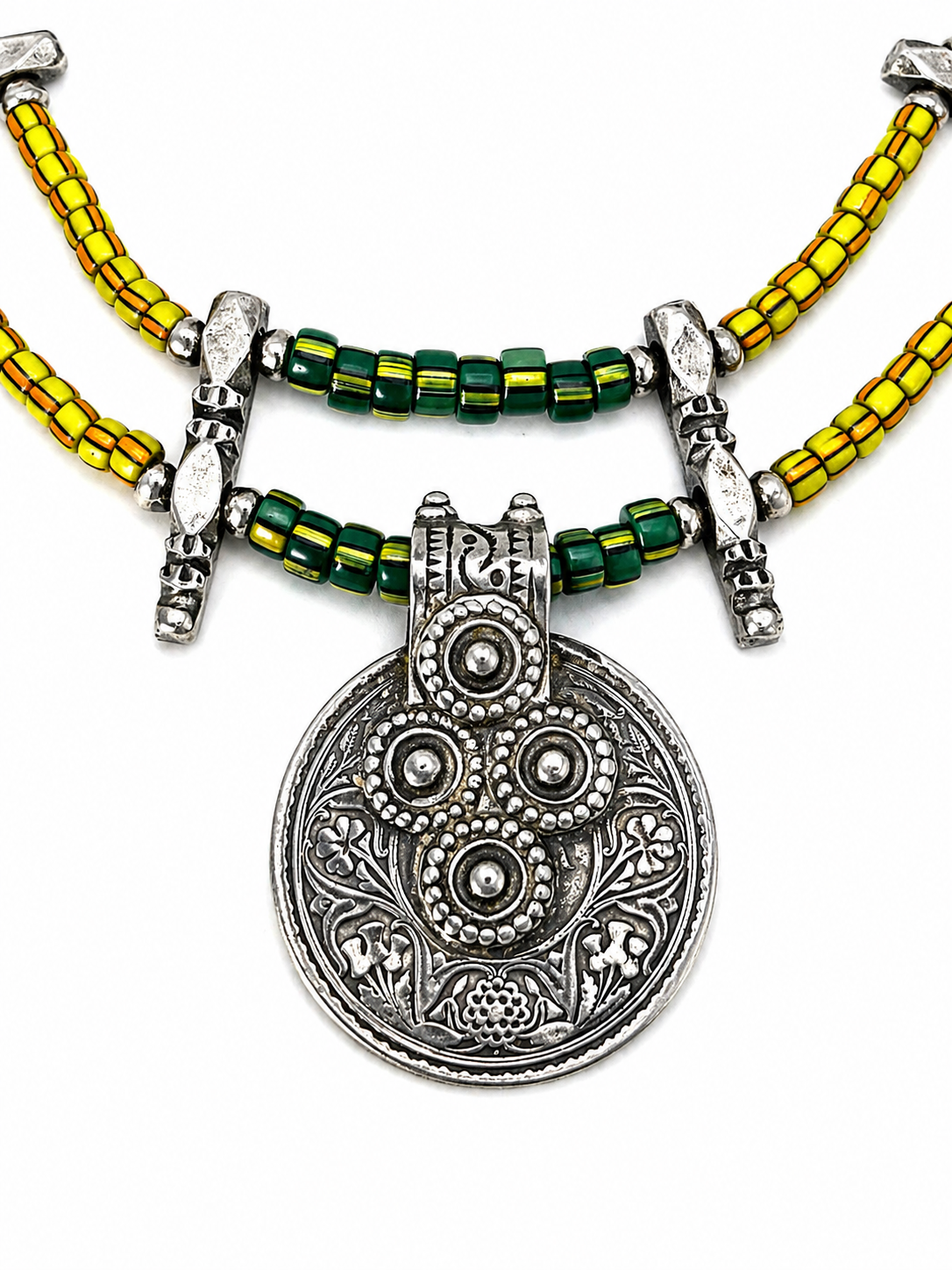 Antique Indian Silver Coin Choker w/ Vintage Ghana Glass Trade Beads & Thai Hilltribe Silver Seed Beads
