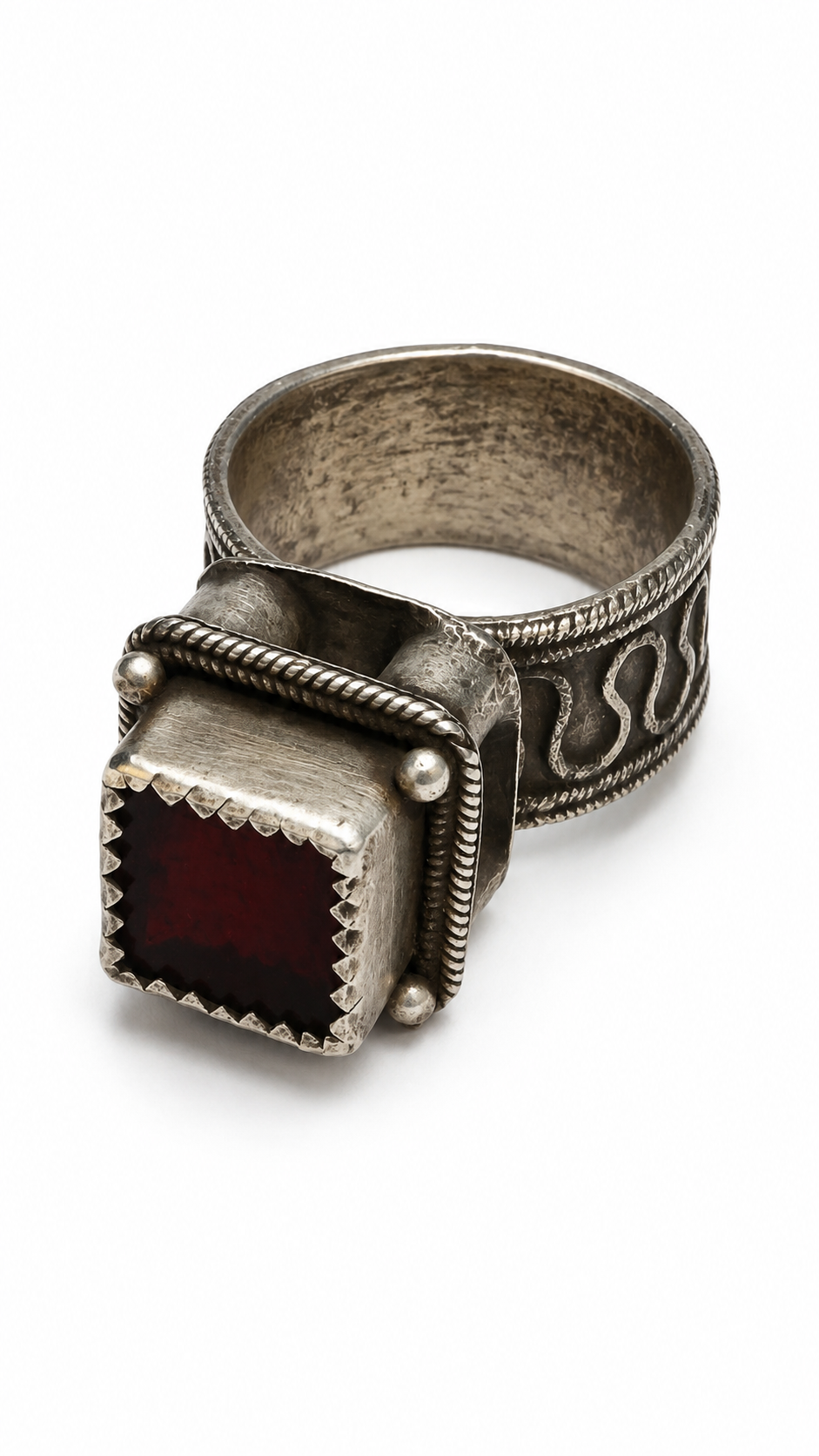 Old Tribal Silver Ring w/ Red Glass Inset~Size 13