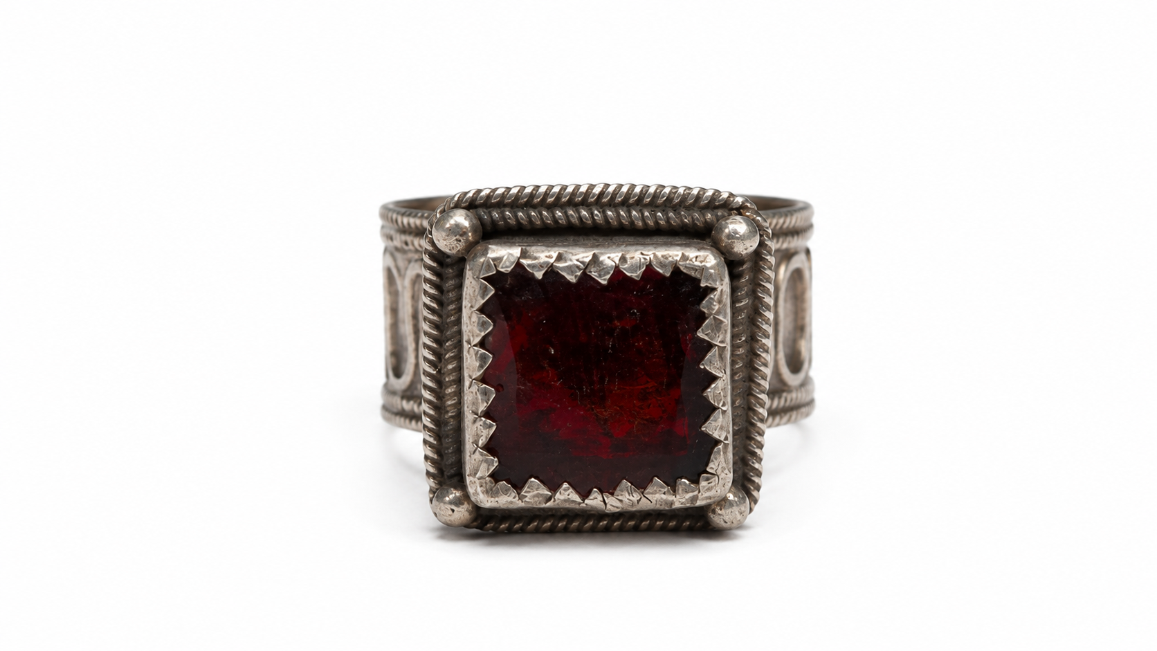 Old Tribal Silver Ring w/ Red Glass Inset~Size 10