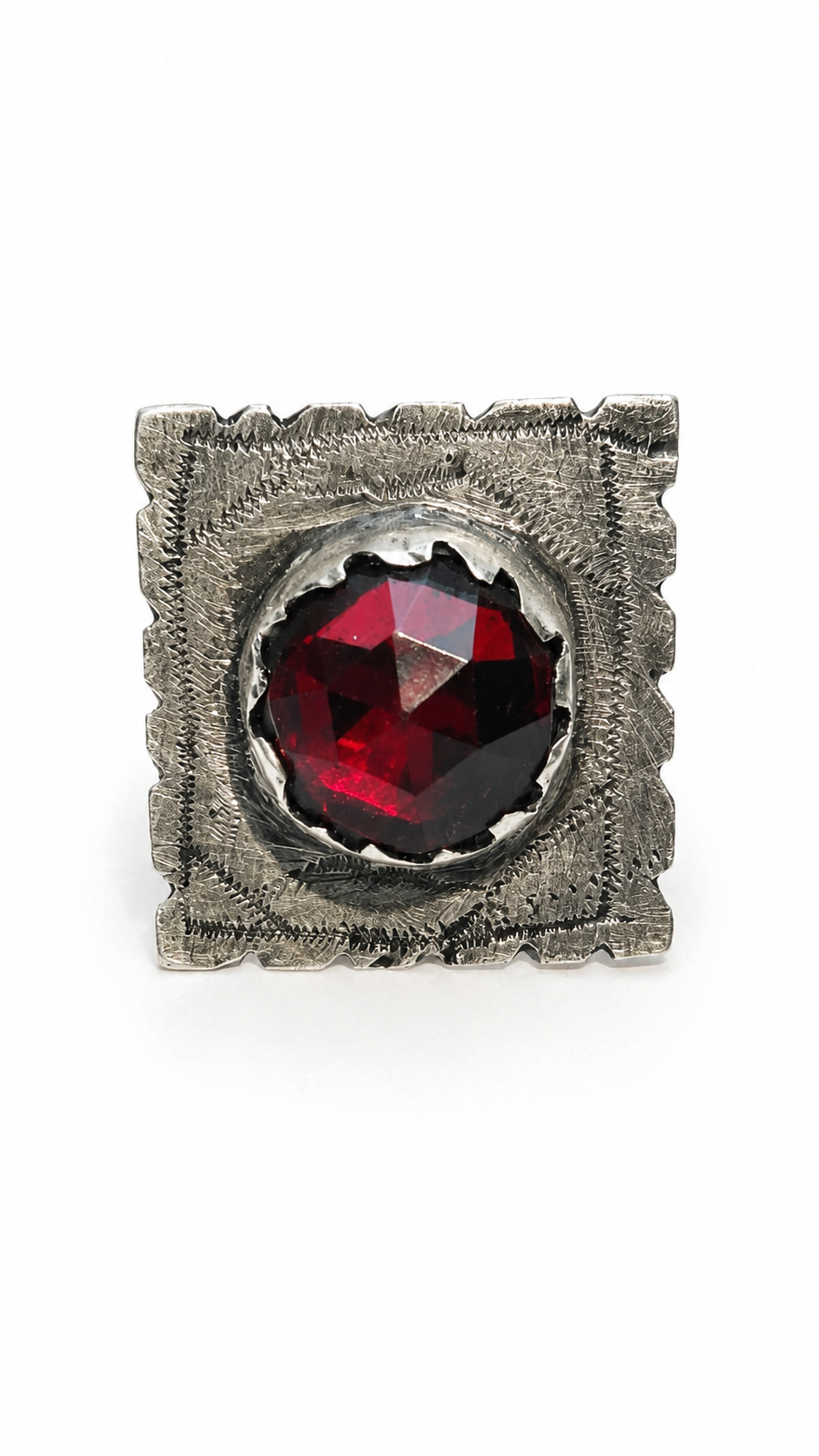  North African Tribal Silver Ring w/ Red Faceted Glass~Size 8.5