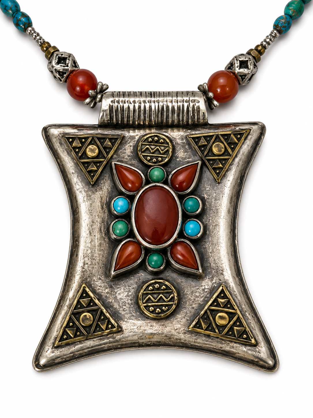 Turkmen Silver Amulet Neacklace w/ Turquoise & Carnelian Inset