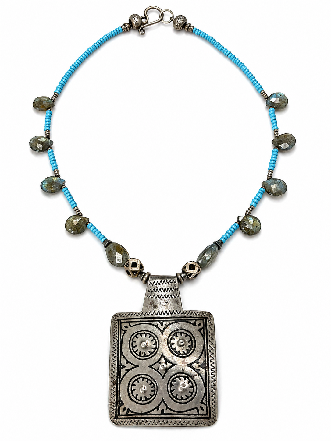 Moroccan Niello Silver Pendant Necklace w/ Faceted Labradorite Drops & Vintage Glass Seed Beads