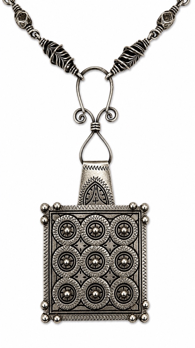 Antique Silver Niello Pendant Necklace~Hand Forged Sterling Silver Wire Detail~Vintage African Glass Trade Beads
