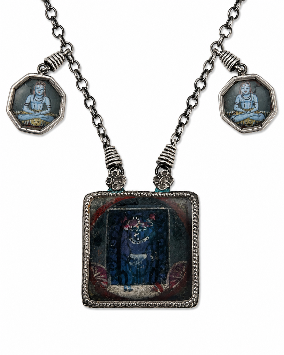 Vintage Silver/Glass Framed Painted Krishna Talisman Necklace