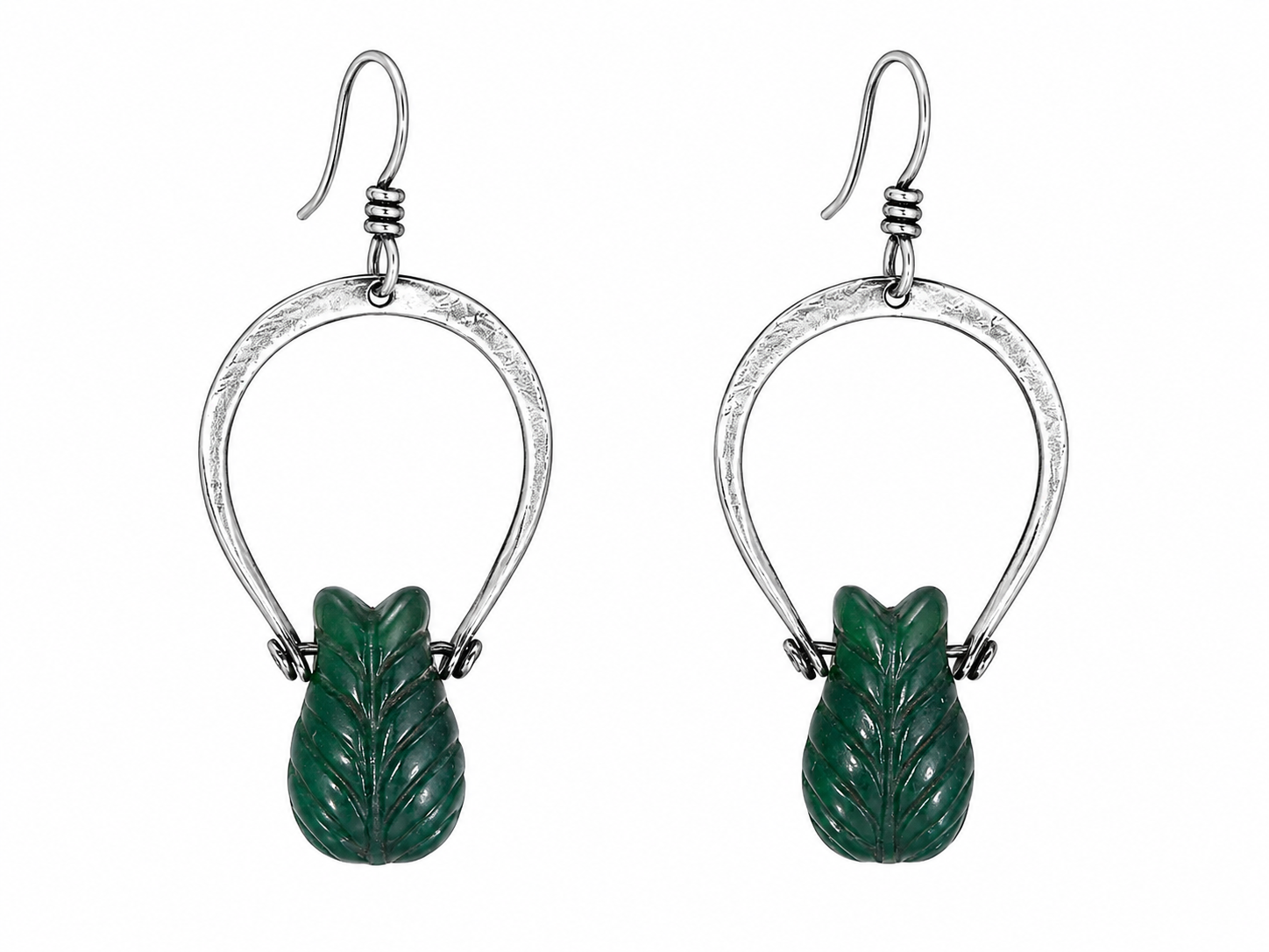 Rare Old Green Glass "Feather" Bead Earrings