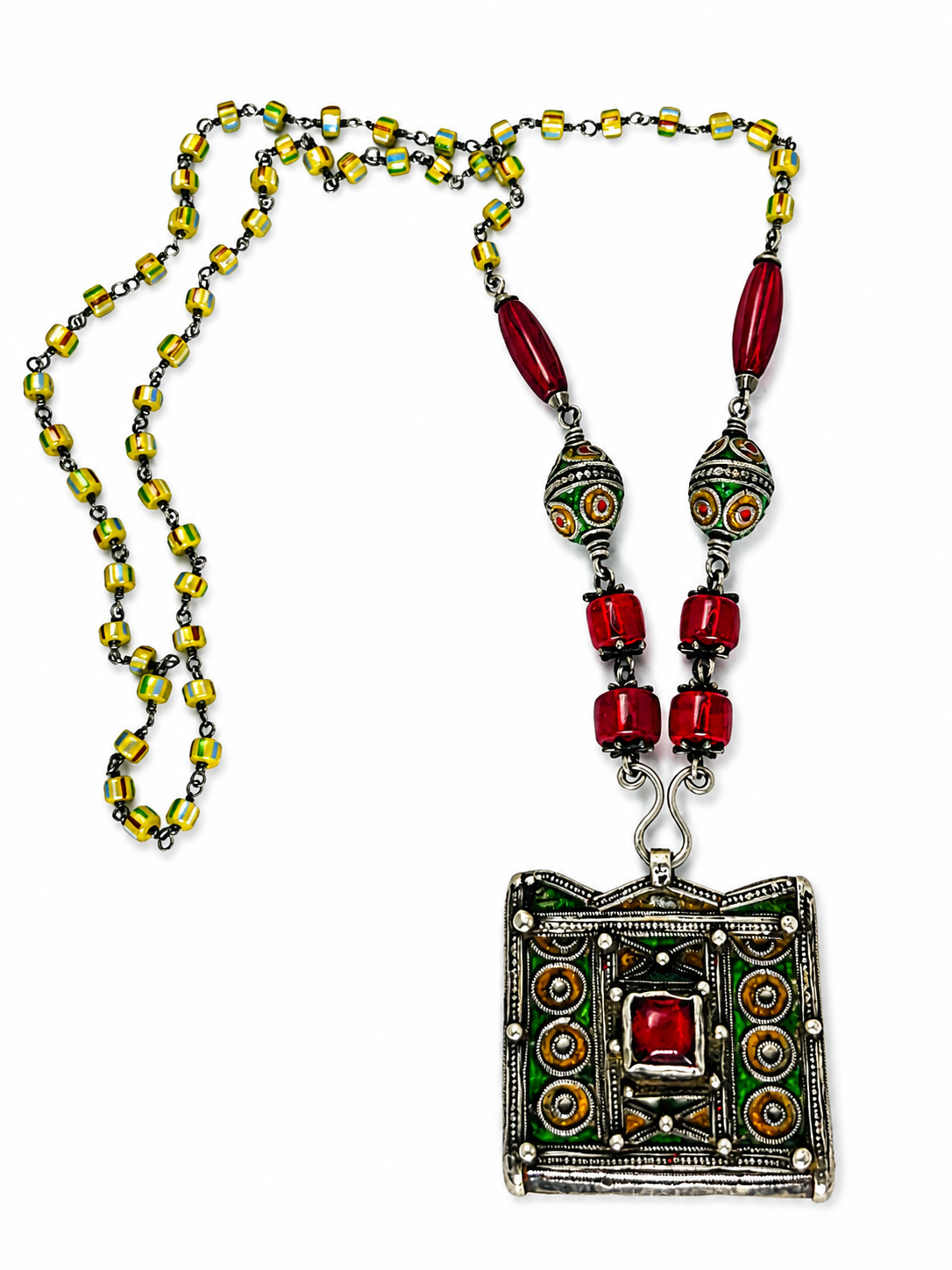 Vintage Amazigh Tribal Silver Pendant Necklace w/ Old Glass Trade Beads & Sterling Silver Wirework