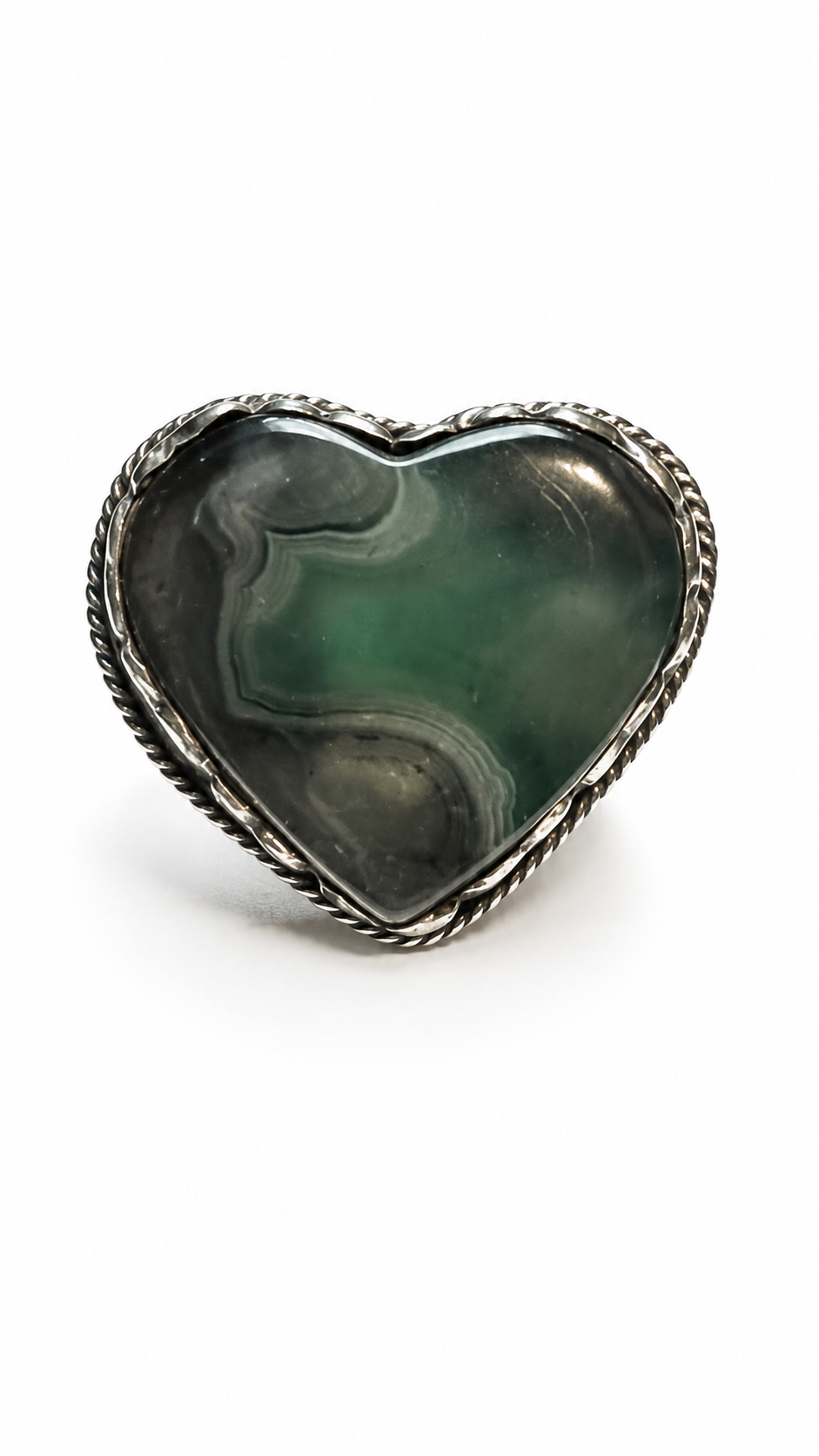 Large Embossed Tibetan White Metal Ring w/ Gorgeous Labradorite Heart Shaped Gemstone~ Size is adjustable