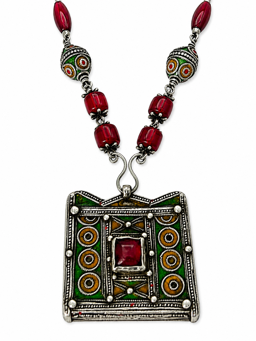 Vintage Amazigh Tribal Silver Pendant Necklace w/ Old Glass Trade Beads & Sterling Silver Wirework