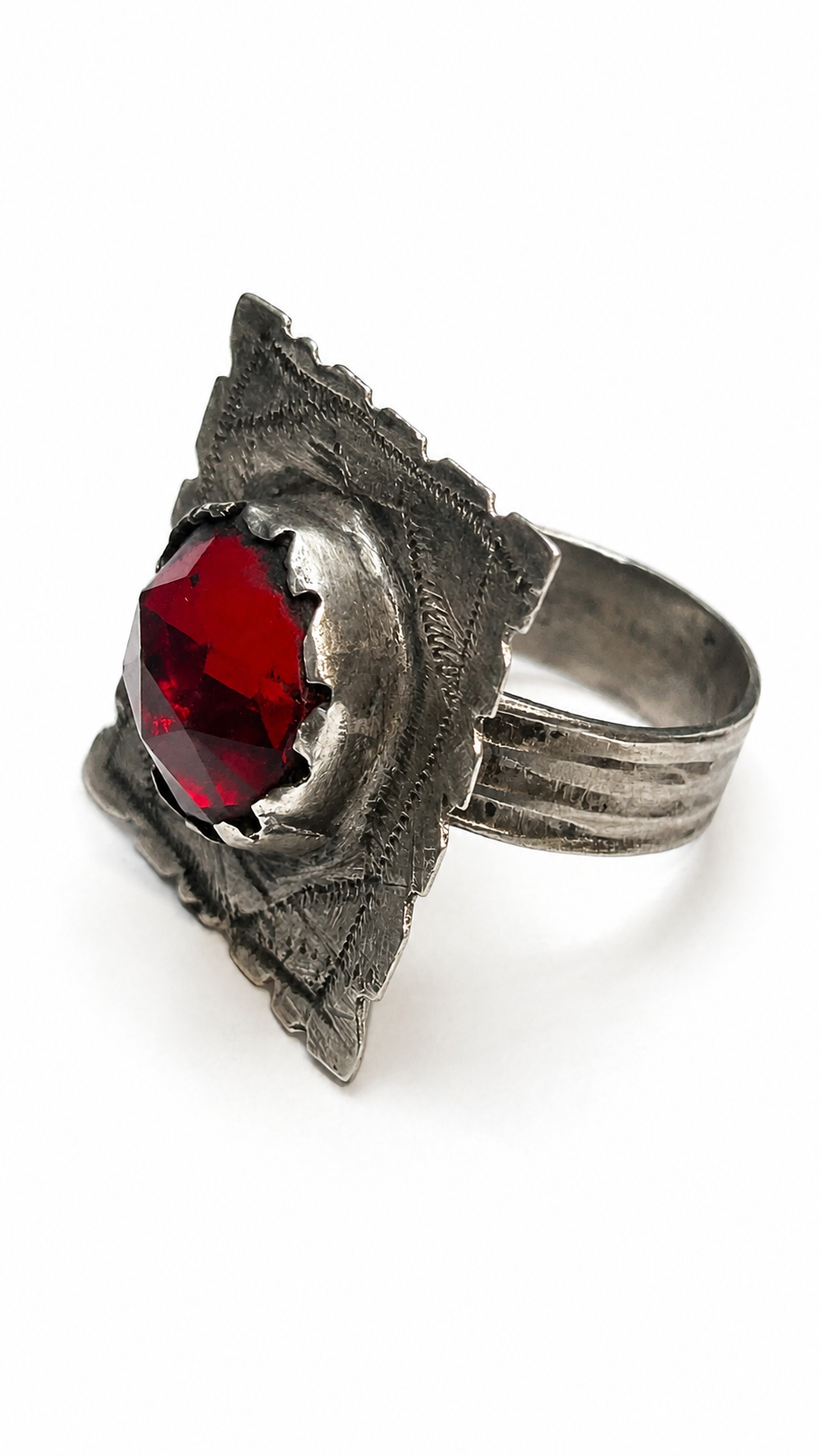  North African Tribal Silver Ring w/ Red Faceted Glass~Size 8.5