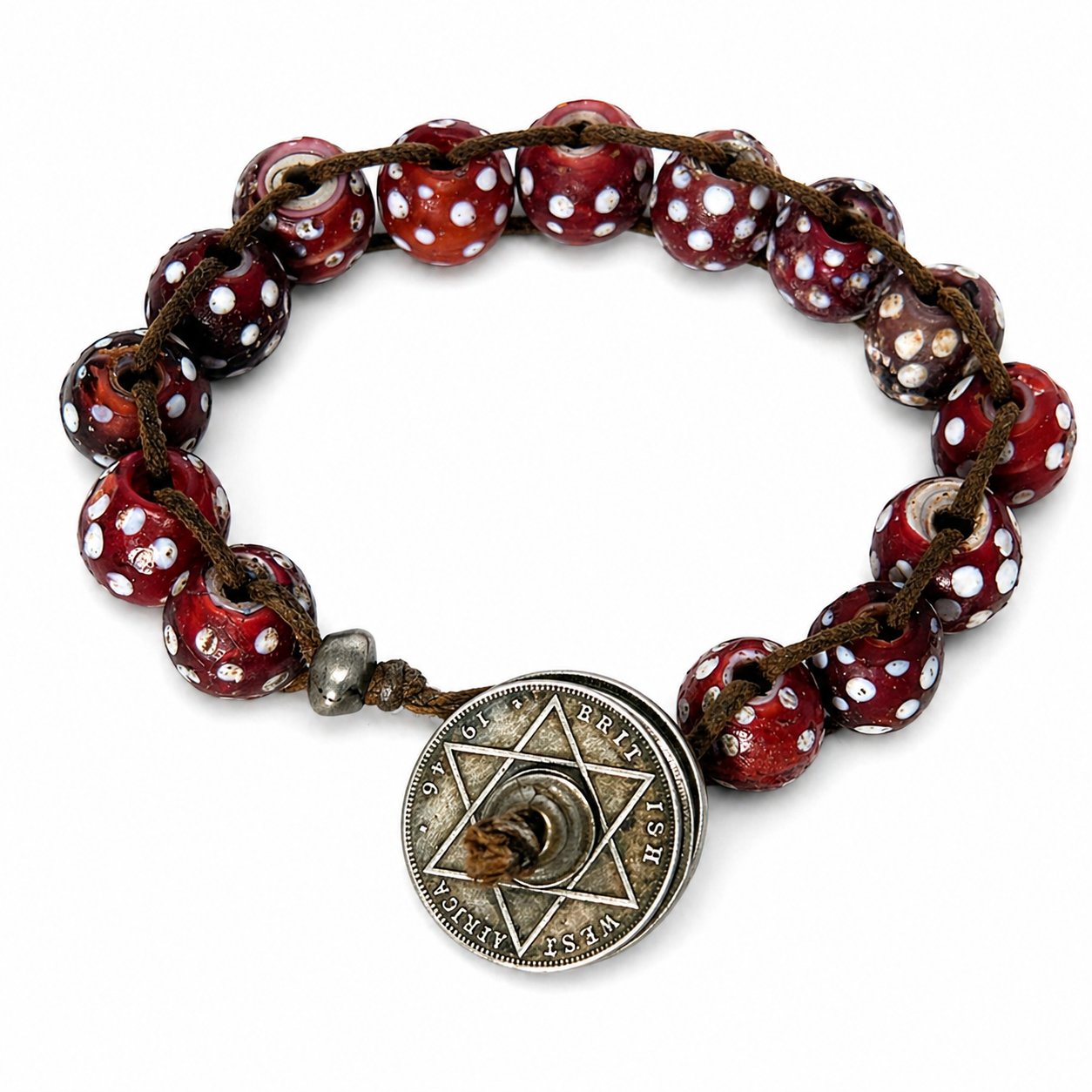 Antique Red & White Glass "Skunk" Trade Bead Bracelet w/ Old Nigerian Coin Closure. By Aklia