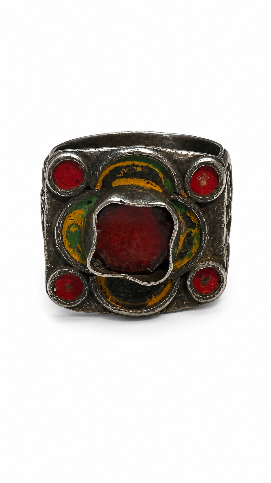 Vintage Tribal Silver Enamel Work Ring w/ Orange Glass Inset~Size 9