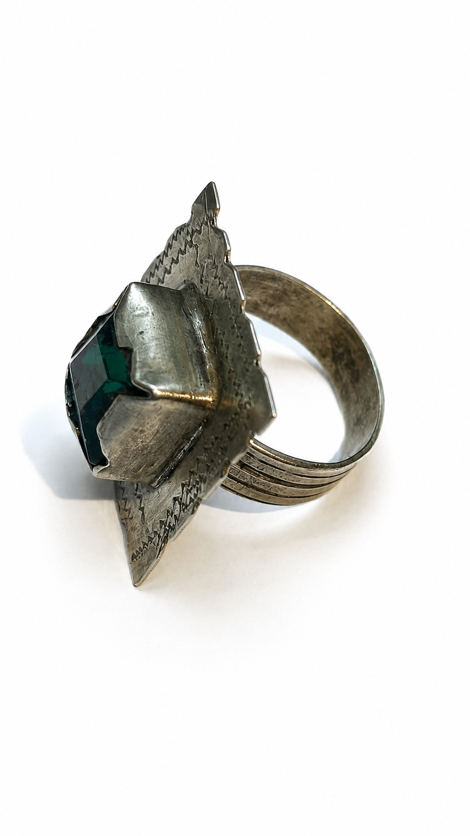  North African Tribal Silver Ring w/ Green Faceted Glass~Size 8.5