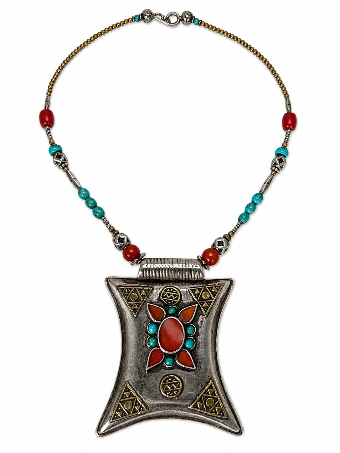 Turkmen Silver Amulet Neacklace w/ Turquoise & Carnelian Inset