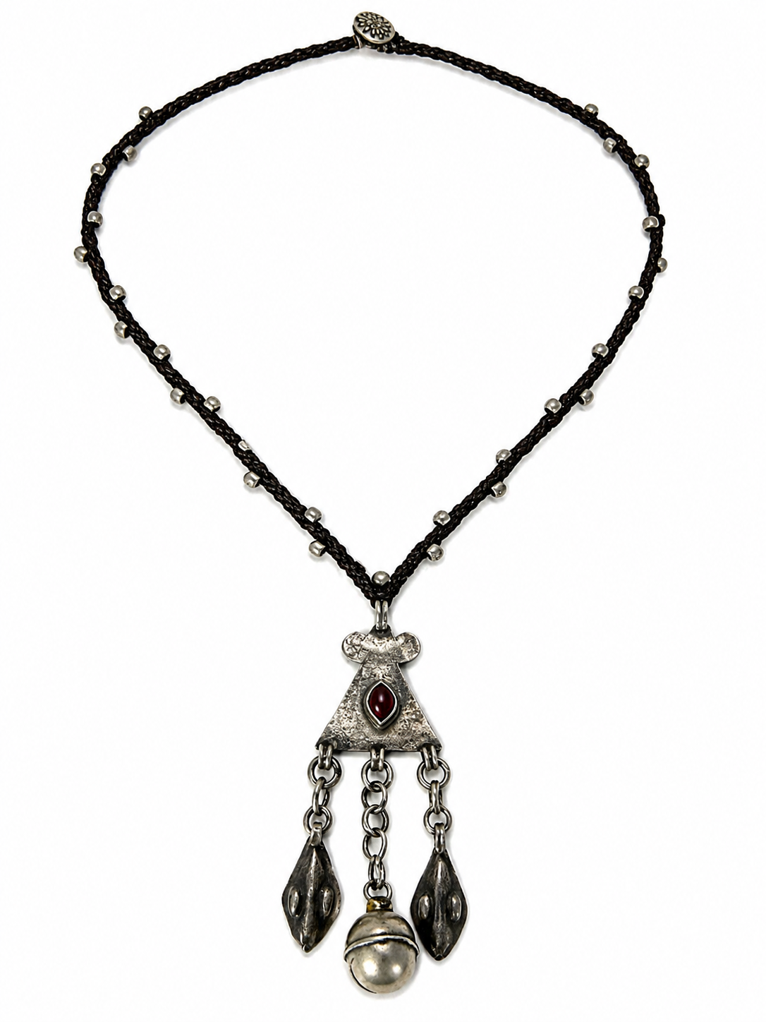 Vintage Silver Turkmen Tribe Pendant Necklace w/ Fine Silver Thai Hilltribe Beads & Button Closure