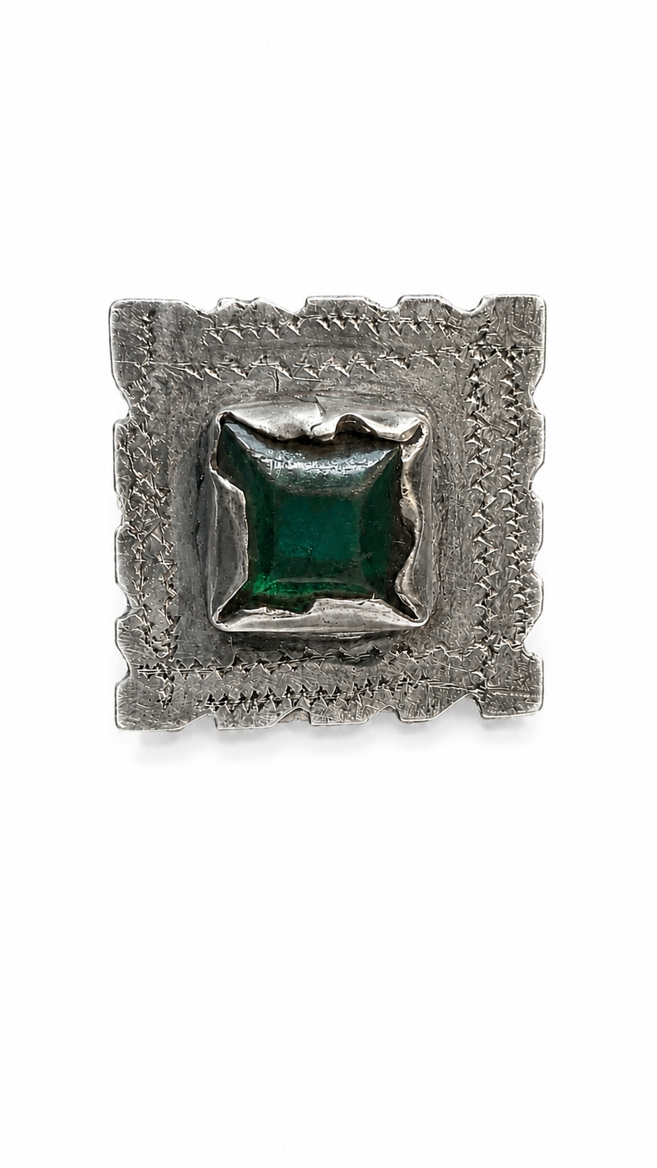  North African Tribal Silver Ring w/ Green Faceted Glass~Size 8.5