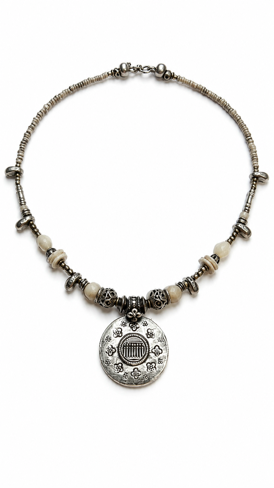 Silver Seven Sisters Pendant Necklace w/ Vintage Mother of Pearl & Thai Hilltribe Silver Beads