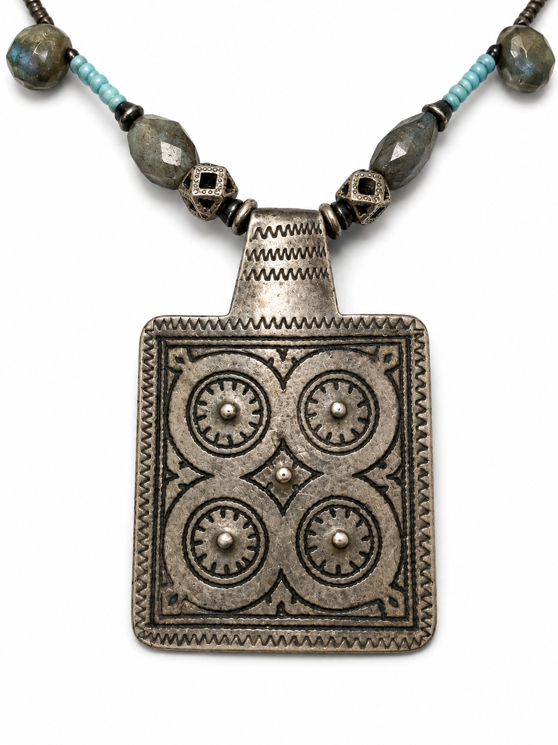 Moroccan Niello Silver Pendant Necklace w/ Faceted Labradorite Drops & Vintage Glass Seed Beads