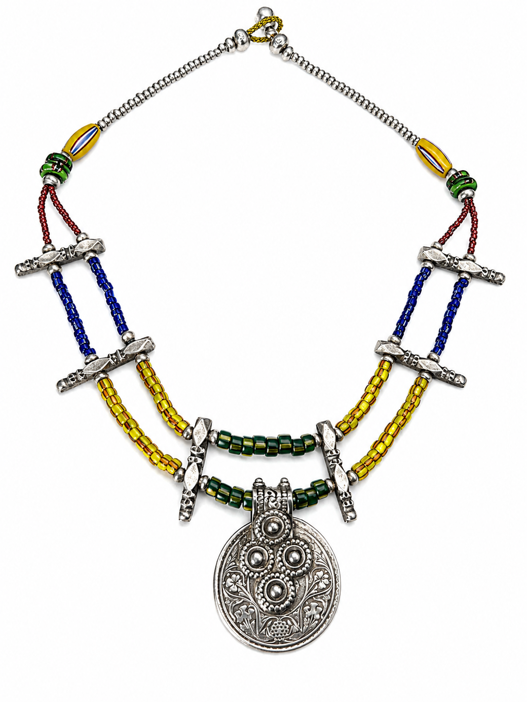 Antique Indian Silver Coin Choker w/ Vintage Ghana Glass Trade Beads & Thai Hilltribe Silver Seed Beads
