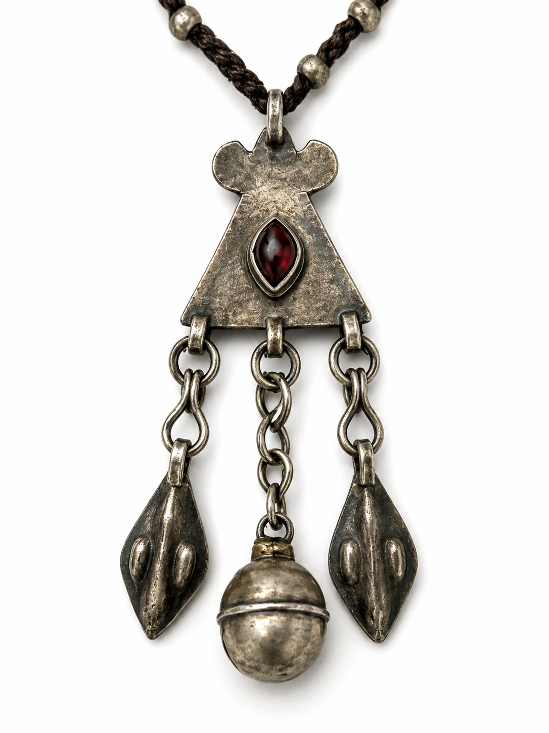 Vintage Silver Turkmen Tribe Pendant Necklace w/ Fine Silver Thai Hilltribe Beads & Button Closure