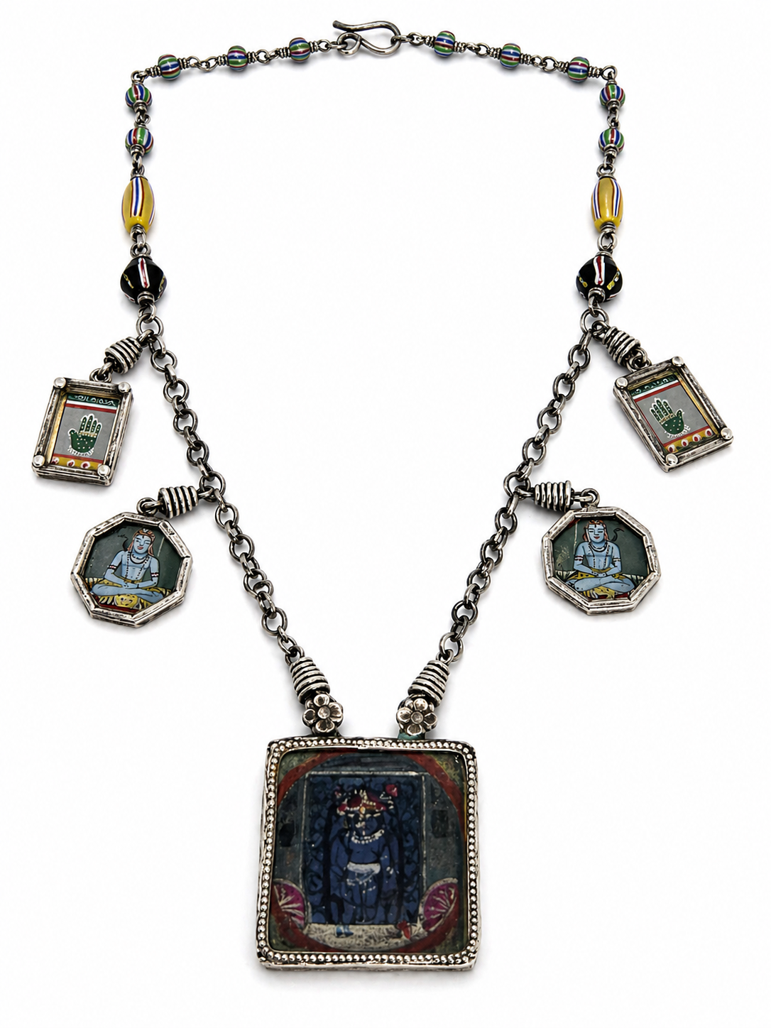 Vintage Silver/Glass Framed Painted Krishna Talisman Necklace