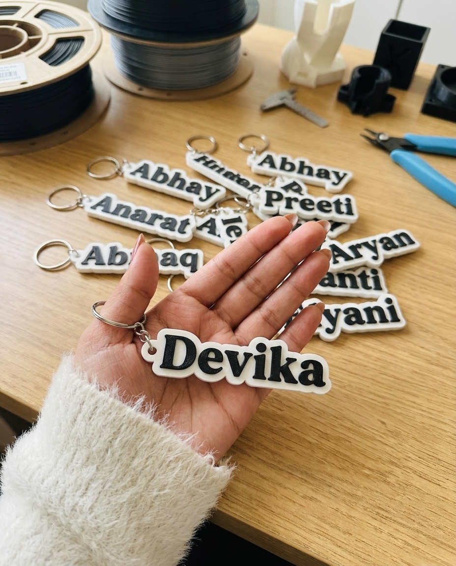 Name Key Chain - White Text on Black Base