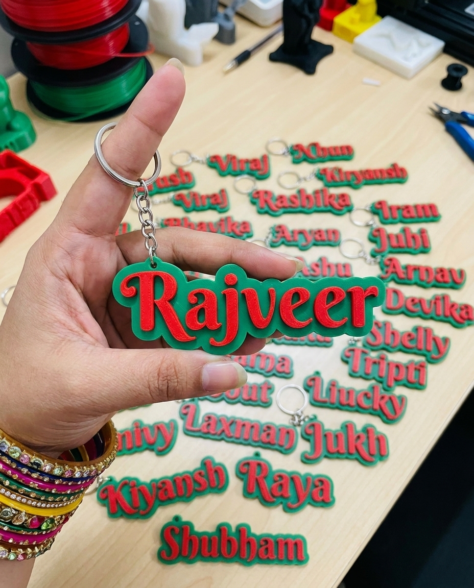 Name Key Chain - Red Text on Green Base