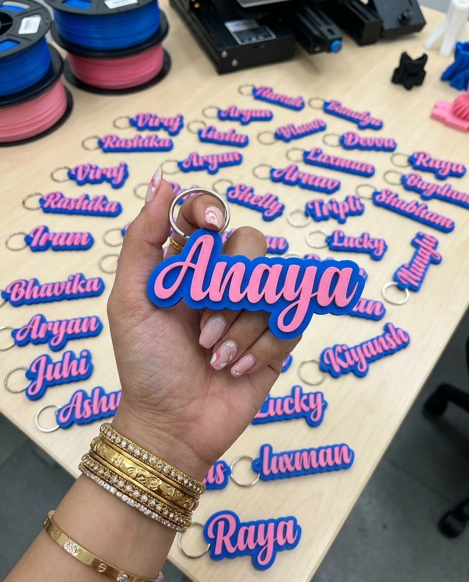 Name Key Chain - Pink Text on Blue Base