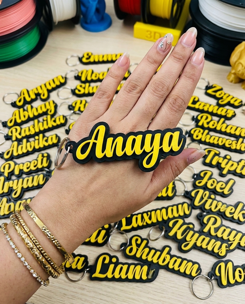 Name Key Chain - Yellow Text on Black Base